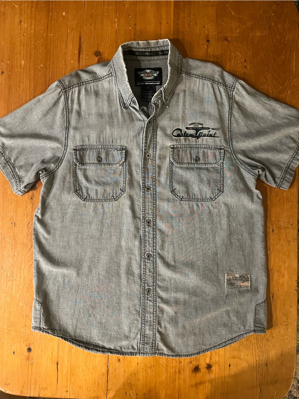 Harley-Davidson Gray 100% Cotton Button Down Custom Paint Short Sleeve Shirt L